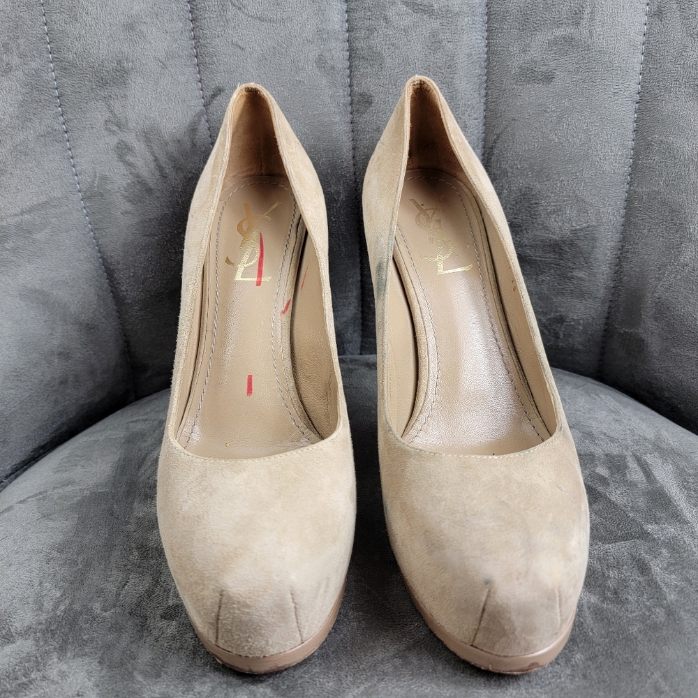 YVES SAINT LAURENT beige suede platform heels Sz 38